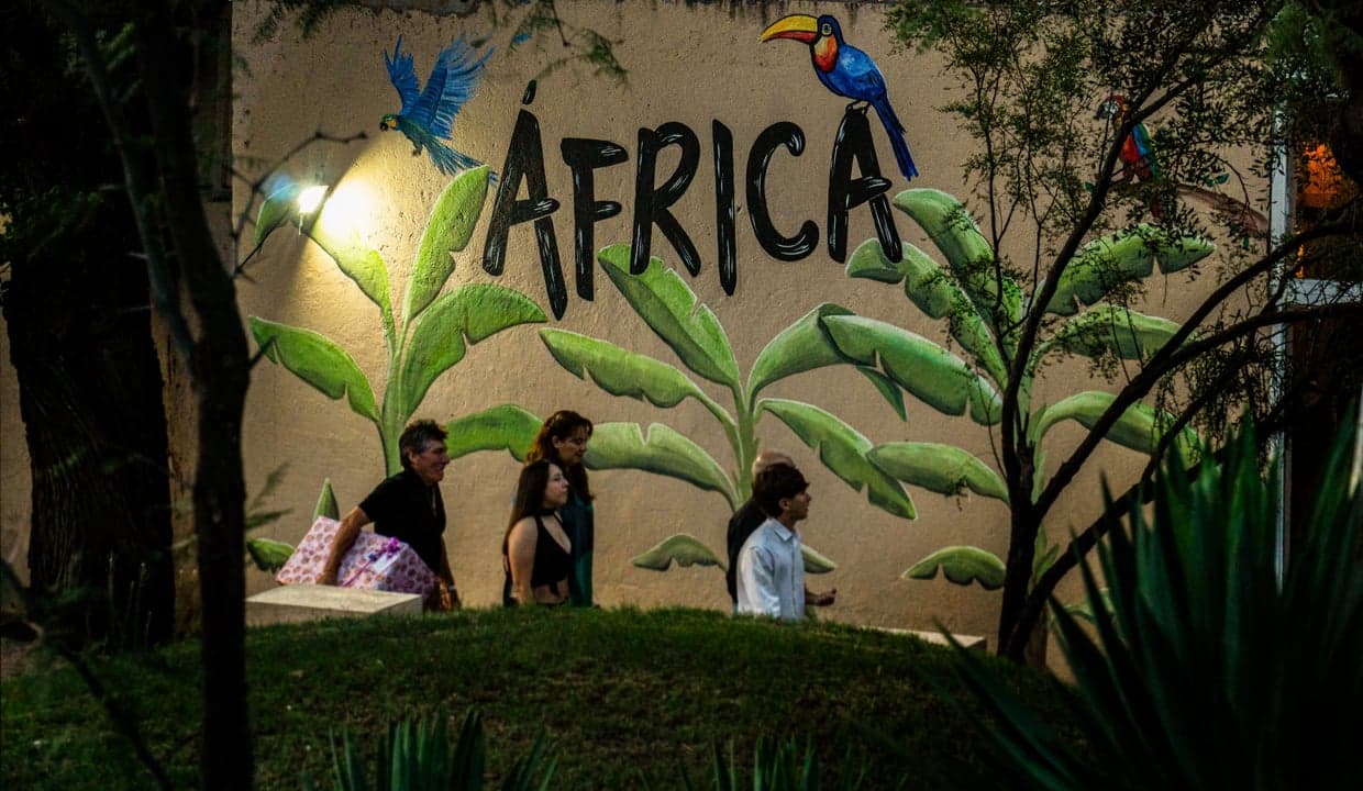 Mural de África con tucanes y hojas tropicales